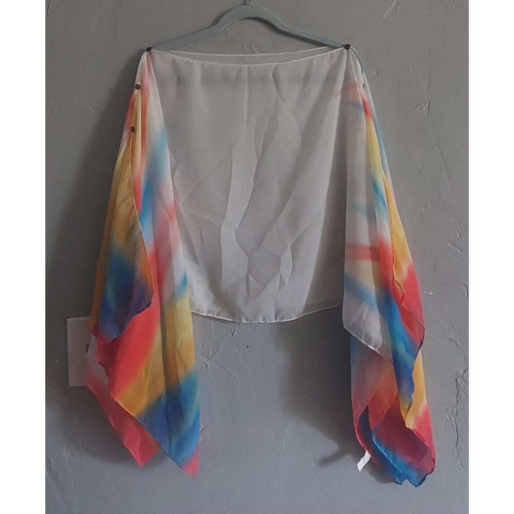 lightweight, sheer white fabric piece featuring long, draped tie-dye panels...